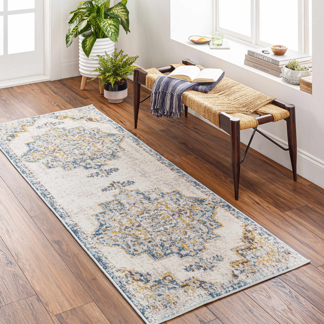 Nibley Traditional Style Ivory And Blue Area Rug - The Rug Decor