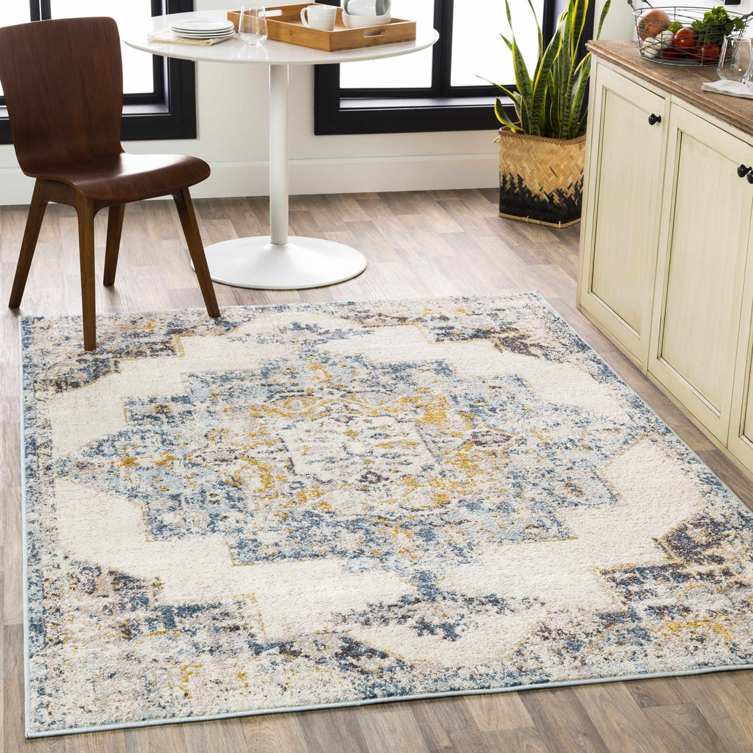 Nibley Traditional Style Ivory And Blue Area Rug - The Rug Decor