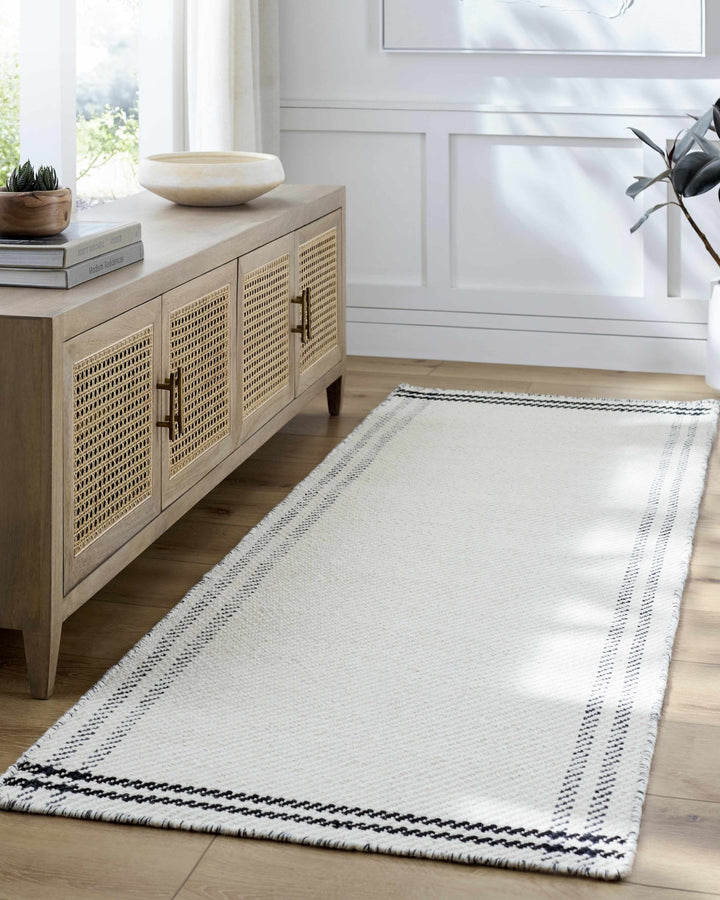 Nimue Ivory & Blue Bordered Hand Woven Wool Rug - The Rug Decor