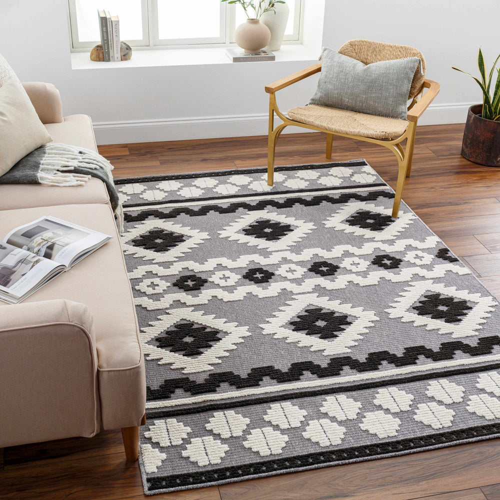 Noki Black & Gray Washable Textured Southwestern Rug - The Rug Decor