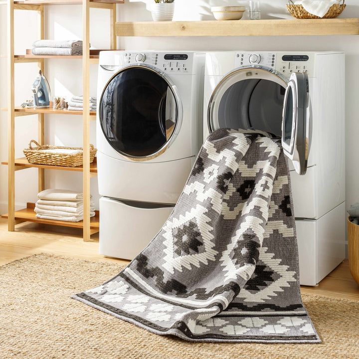 Noki Black & Gray Washable Textured Southwestern Rug - The Rug Decor