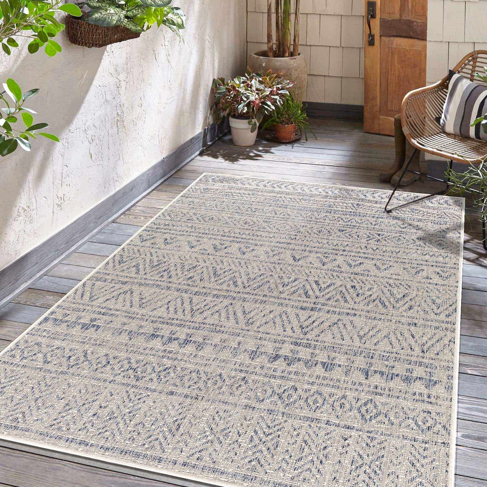 Novato Modern Tribal Design Blue And Gray Outdoor Rug - The Rug Decor