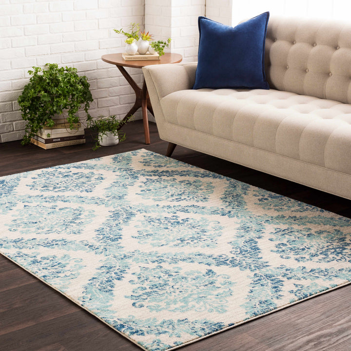 Oaklyn Modern Floral Design Teal And Ivory Area Rug