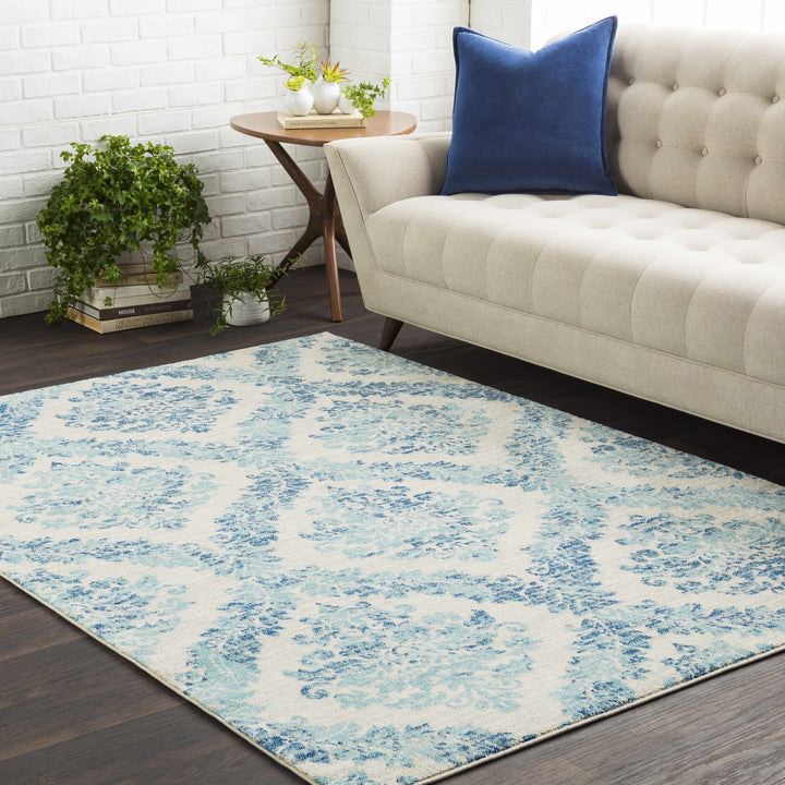 Oaklyn Modern Floral Design Teal And Ivory Area Rug