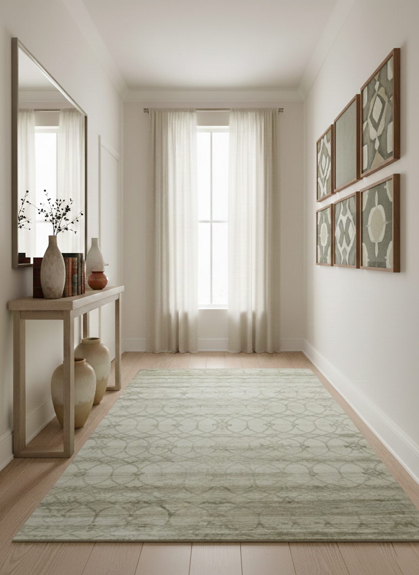 Silver, Olive and Gray Traditional Ikat Design 6x9 Hand loom Bamboo Silk Area Rug