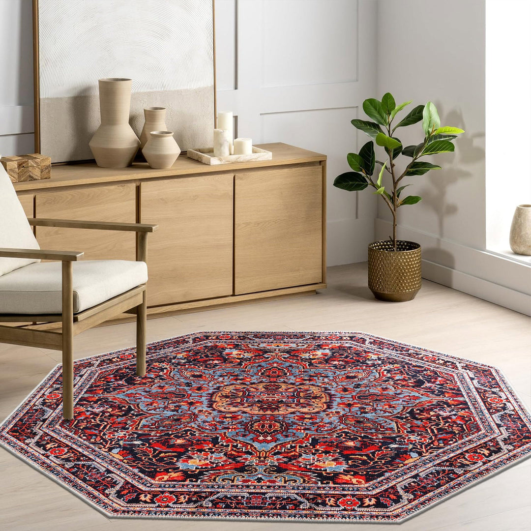 Octagon Shape Red And Black Medallion Machine Washable Cotton Rug - The Rug Decor