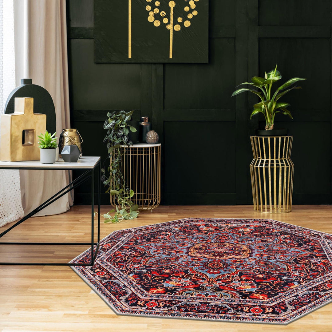 Octagon Shape Red And Black Medallion Machine Washable Cotton Rug - The Rug Decor