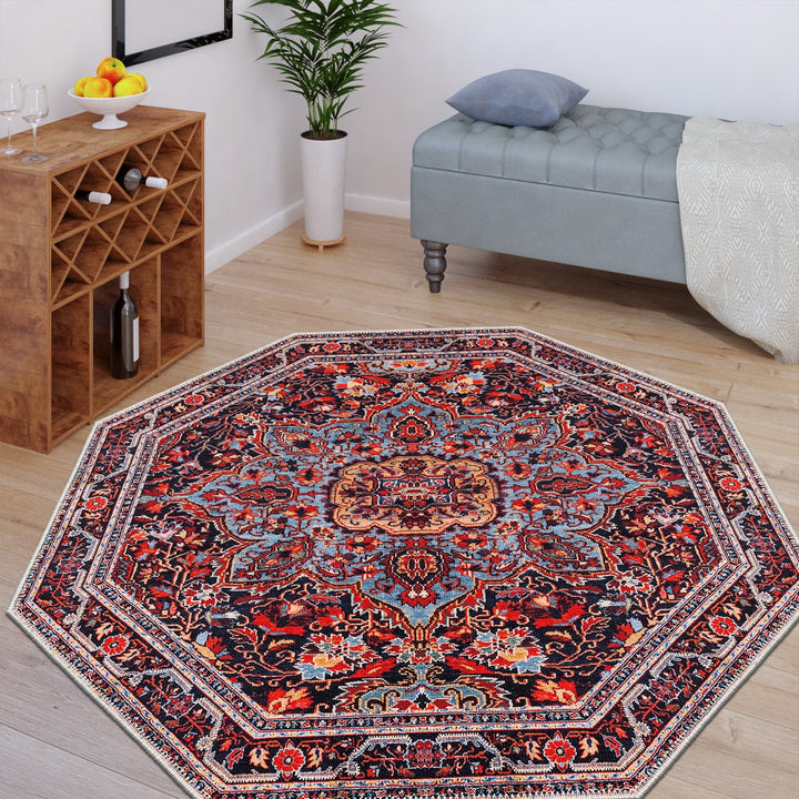Octagon Shape Red And Black Medallion Machine Washable Cotton Rug - The Rug Decor