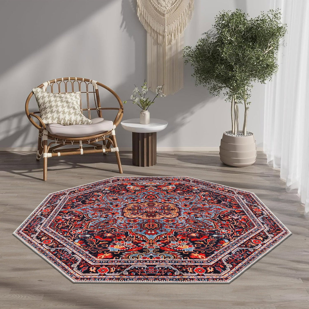 Octagon Shape Red And Black Medallion Machine Washable Cotton Rug - The Rug Decor