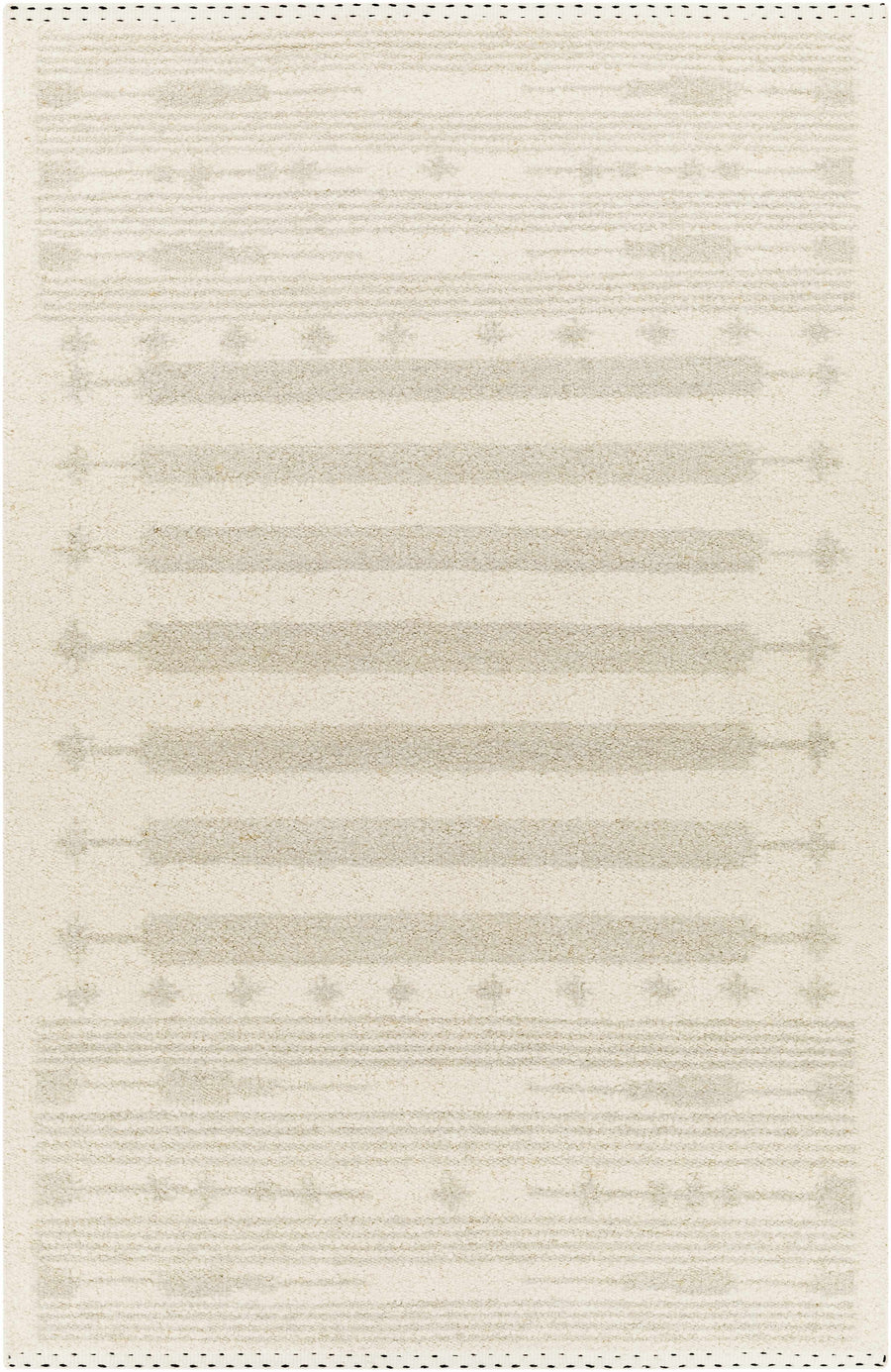 Contemporary area rug in cream with horizontal gray stripes and dotted border