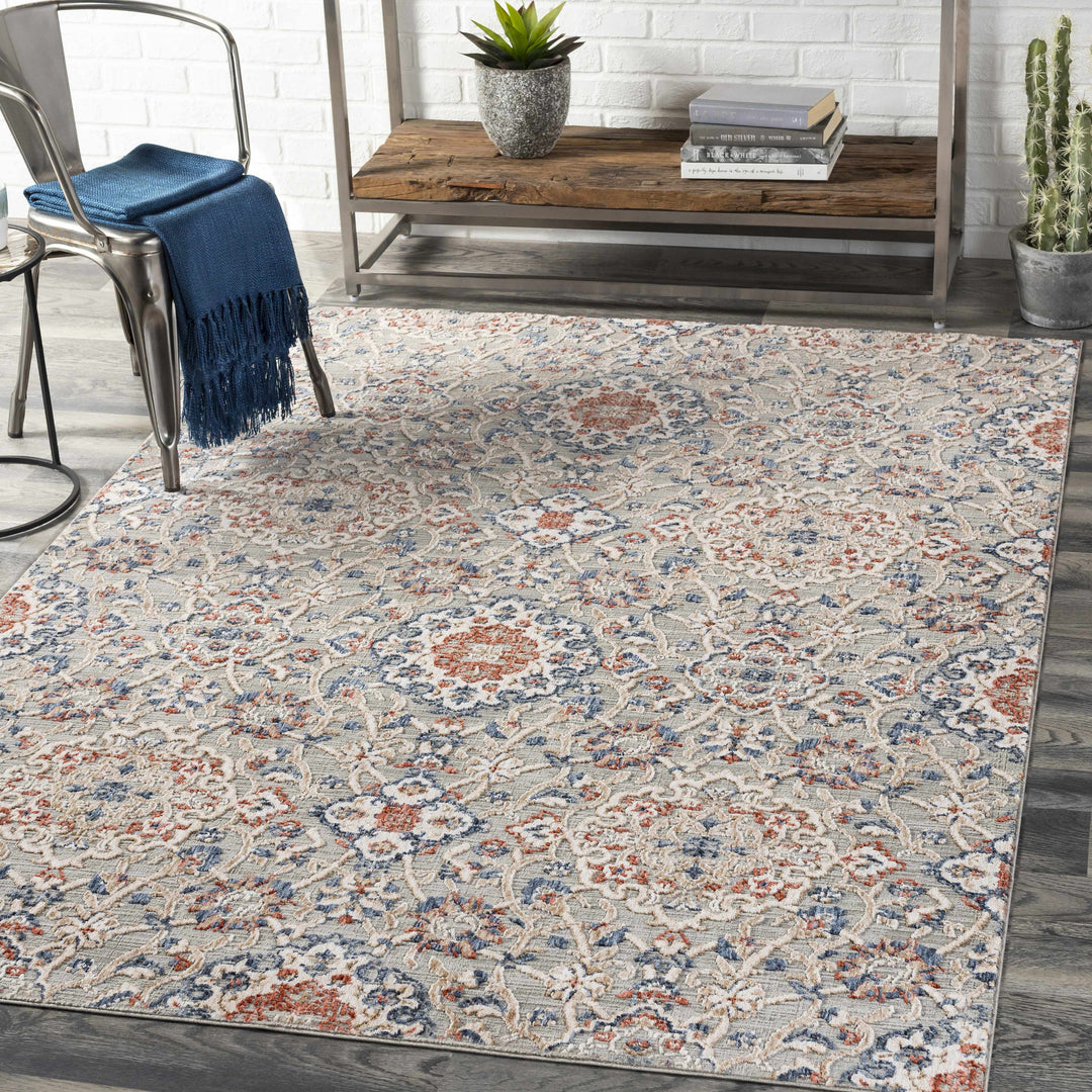 Oella Gray And Blue Traditional Floral Design Area Rug