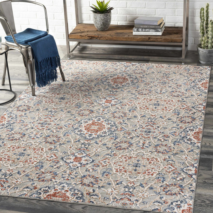 Oella Gray And Blue Traditional Floral Design Area Rug