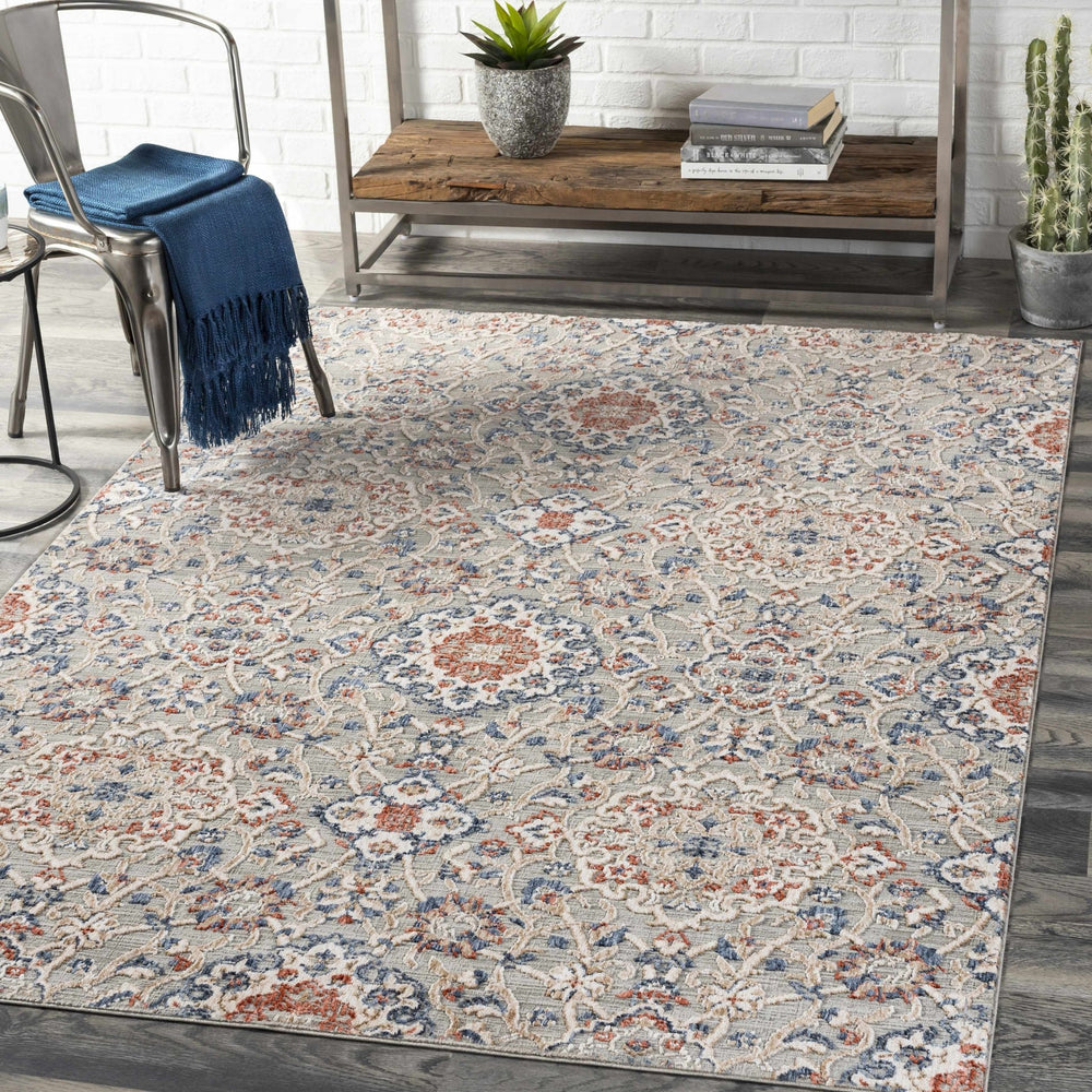 Oella Gray And Blue Traditional Floral Design Area Rug - The Rug Decor