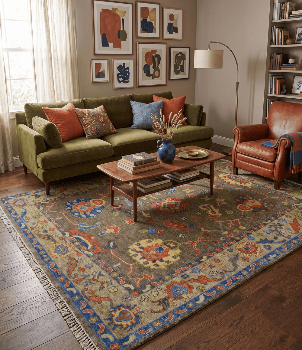 Olive and Blue Vibrant Colorful Traditional Oushak Multi Size wool Area Rug - The Rug Decor