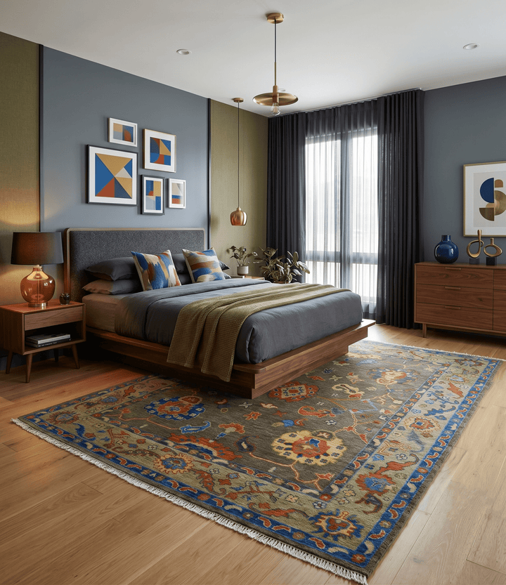 Olive and Blue Vibrant Colorful Traditional Oushak Multi Size wool Area Rug - The Rug Decor