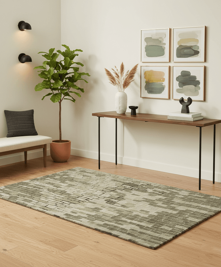 Olive, Beige, Charcoal and Ivory Modern Geometrical Brick Design 4.6x6.6 wool and Art Silk Area Rug - The Rug Decor