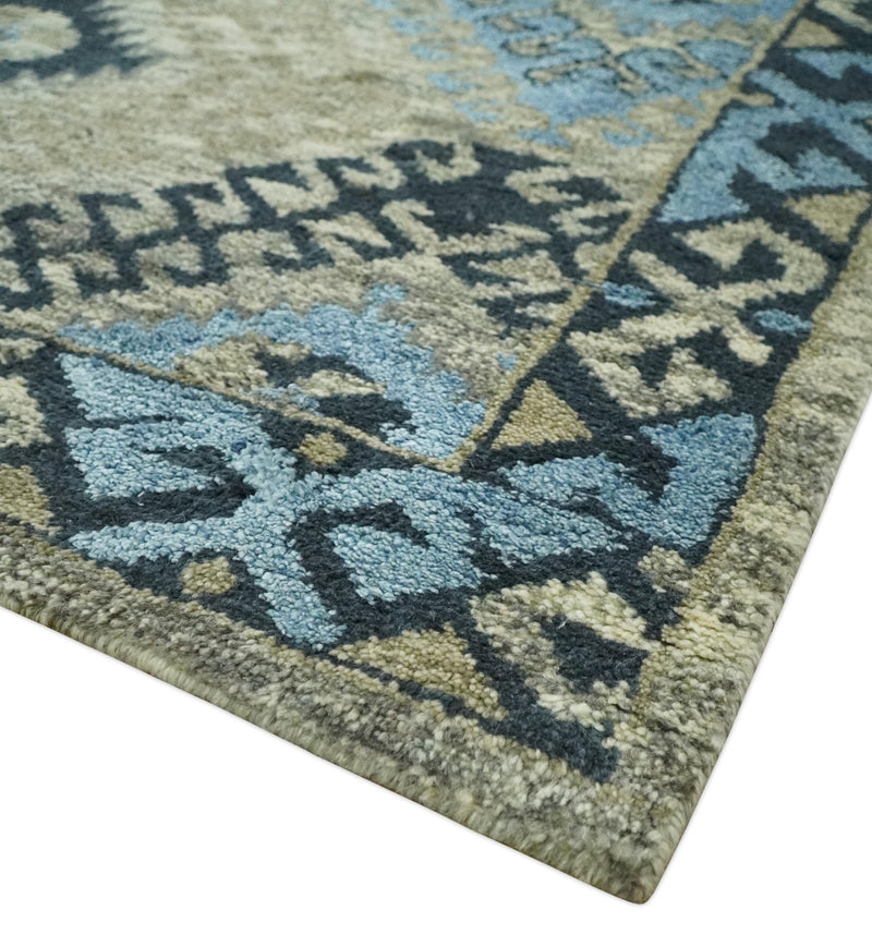 Olive, Charcoal and Blue Hand Knotted Traditional Mamluk Design 5x8 wool area Rug - The Rug Decor