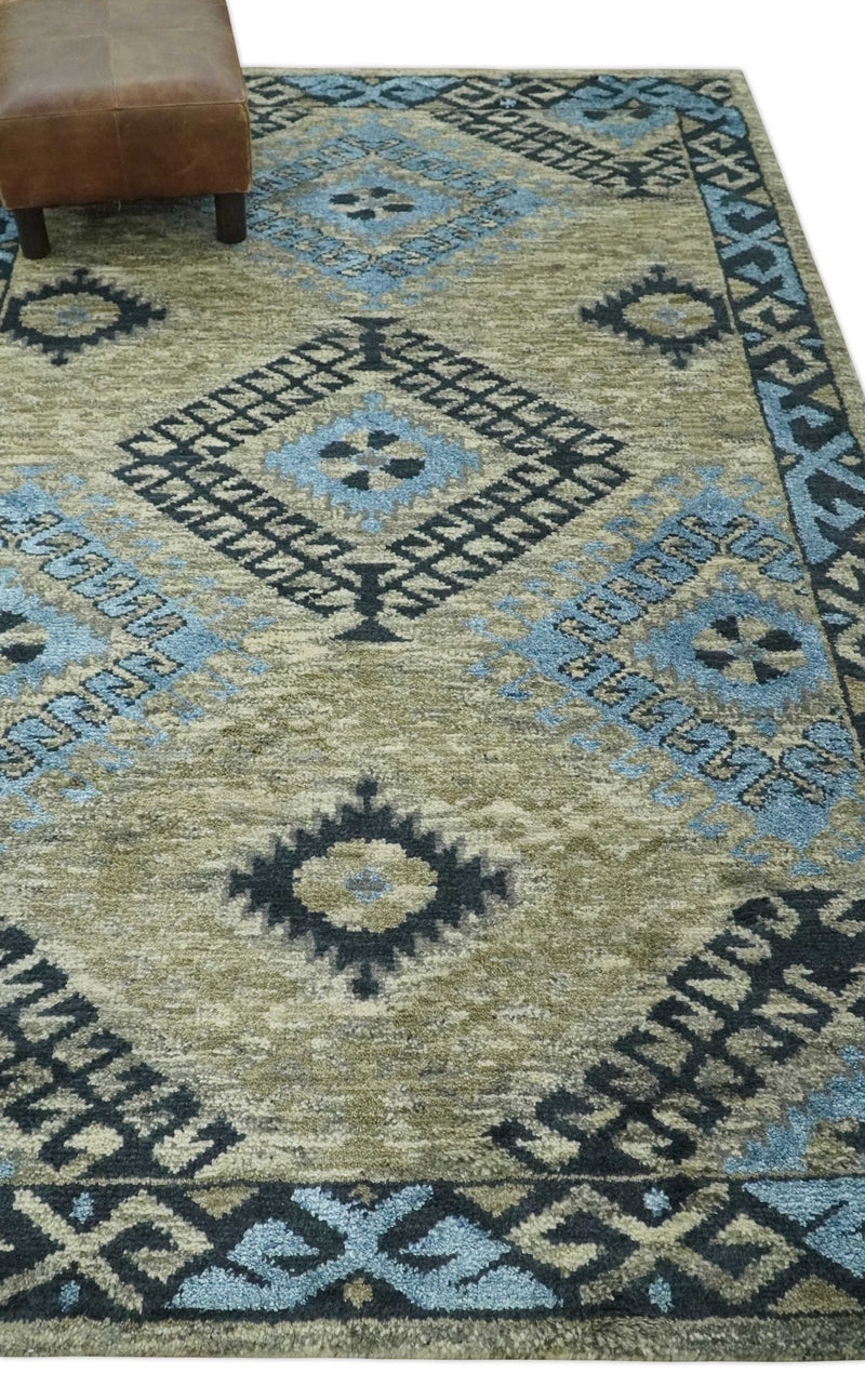 Olive, Charcoal and Blue Hand Knotted Traditional Mamluk Design 5x8 wool area Rug - The Rug Decor