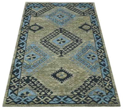 Olive, Charcoal and Blue Hand Knotted Traditional Mamluk Design 5x8 wool area Rug - The Rug Decor