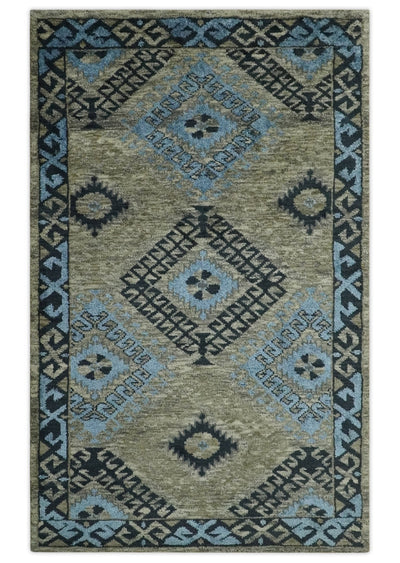 Olive, Charcoal and Blue Hand Knotted Traditional Mamluk Design 5x8 wool area Rug - The Rug Decor