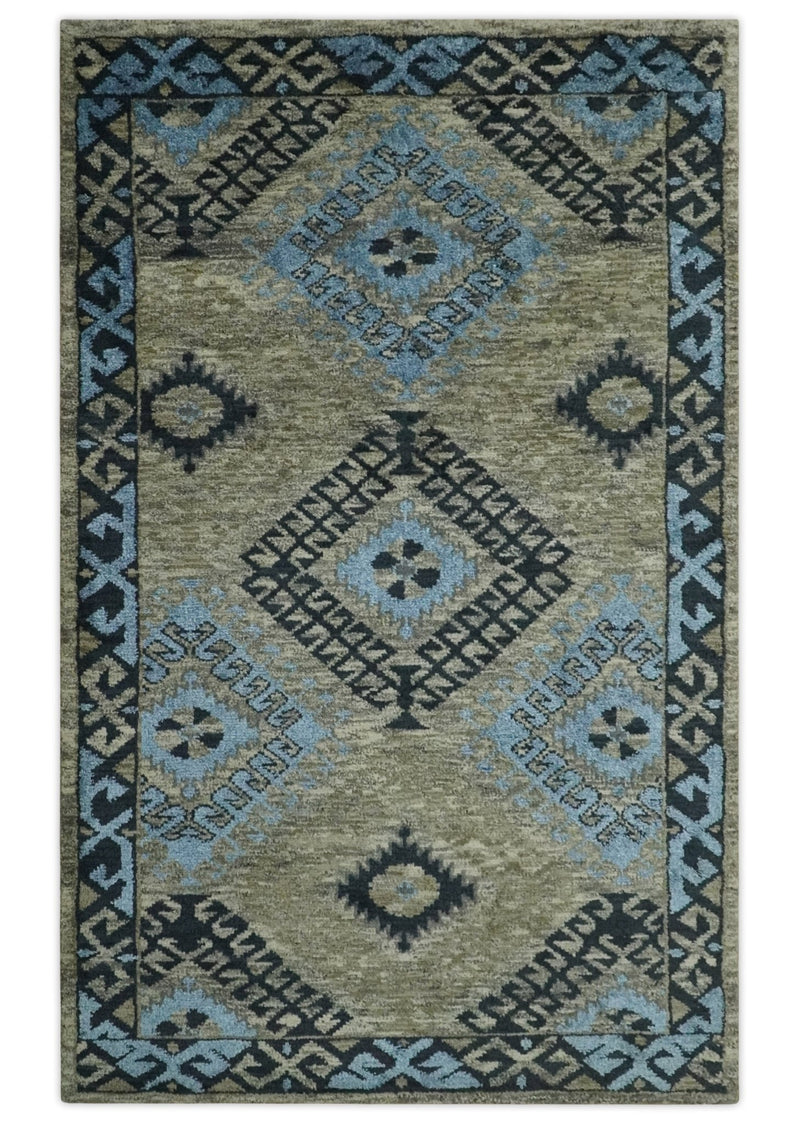 Olive, Charcoal and Blue Hand Knotted Traditional Mamluk Design 5x8 wool area Rug - The Rug Decor