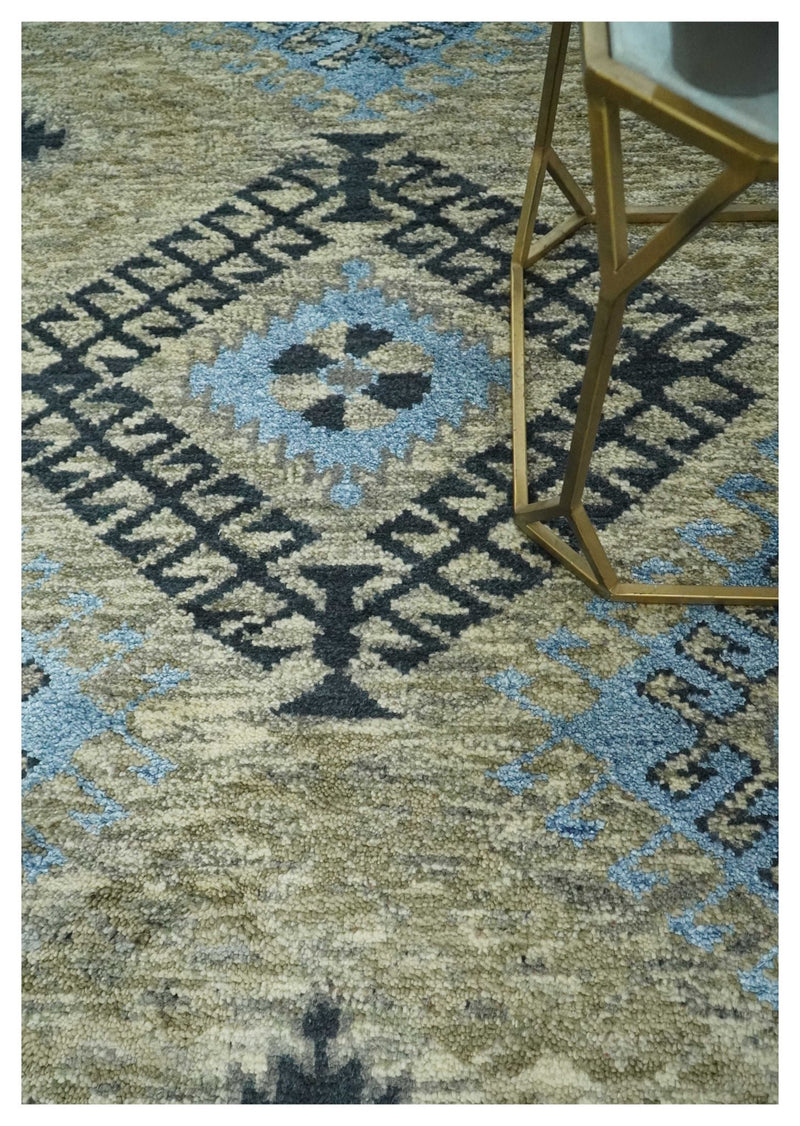 Olive, Charcoal and Blue Hand Knotted Traditional Mamluk Design 5x8 wool area Rug - The Rug Decor