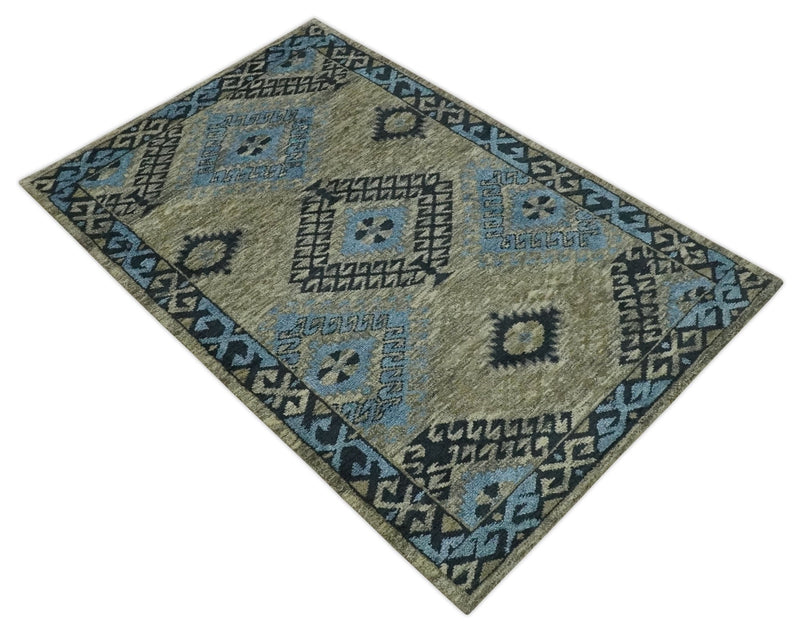 Olive, Charcoal and Blue Hand Knotted Traditional Mamluk Design 5x8 wool area Rug - The Rug Decor