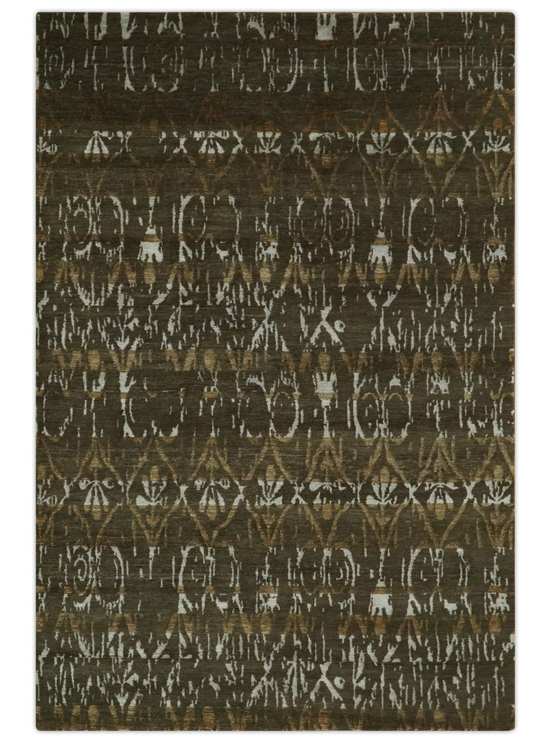 Olive, Ivory and Brown Hand Knotted Traditional Ikat Design 6x9 wool and Viscose area Rug - The Rug Decor