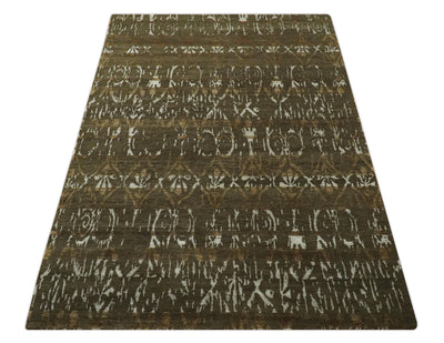 Olive, Ivory and Brown Hand Knotted Traditional Ikat Design 6x9 wool and Viscose area Rug - The Rug Decor