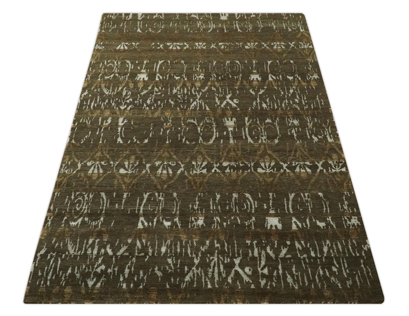 Olive, Ivory and Brown Hand Knotted Traditional Ikat Design 6x9 wool and Viscose area Rug - The Rug Decor