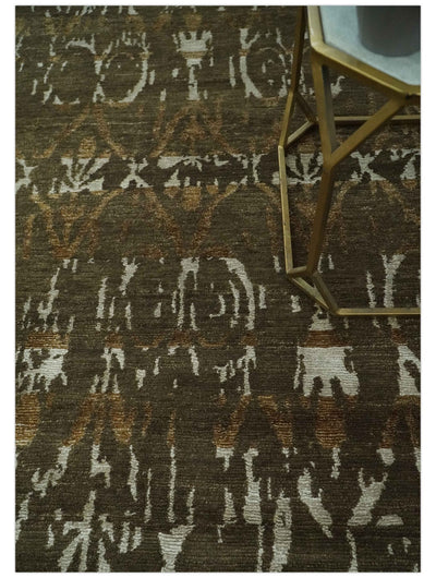 Olive, Ivory and Brown Hand Knotted Traditional Ikat Design 6x9 wool and Viscose area Rug - The Rug Decor