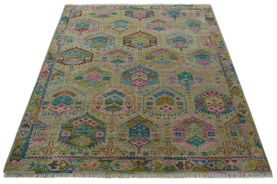 Olive, Teal, Brown and Pink Traditional Ikat Design Hand knotted 8x10 wool Area Rug - The Rug Decor