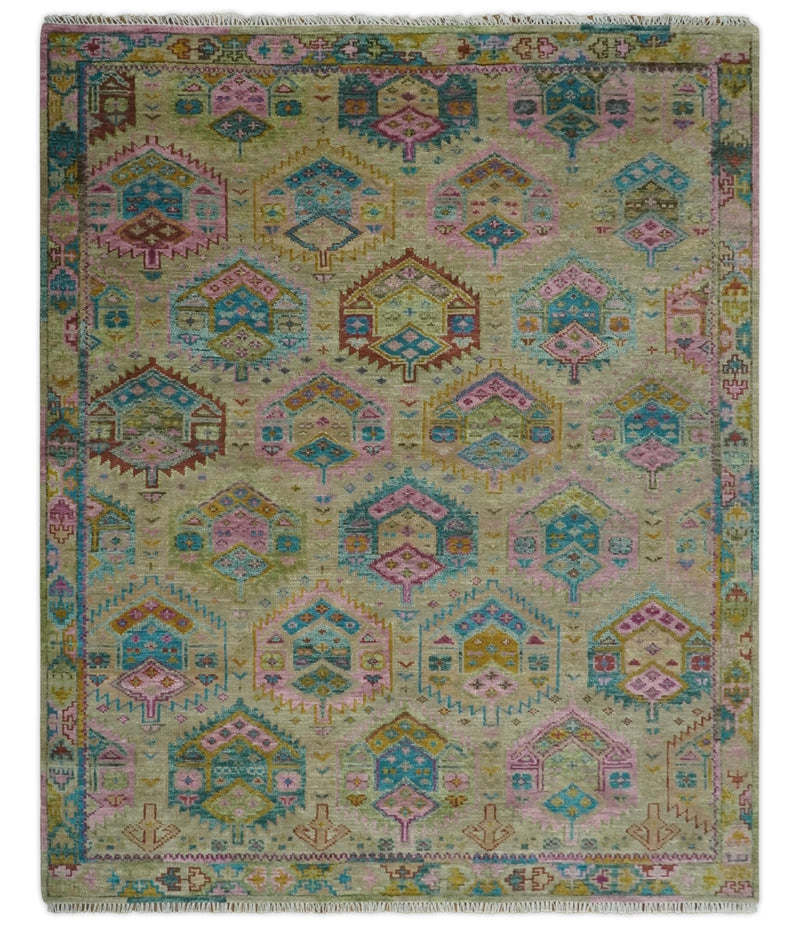 Olive, Teal, Brown and Pink Traditional Ikat Design Hand knotted 8x10 wool Area Rug - The Rug Decor