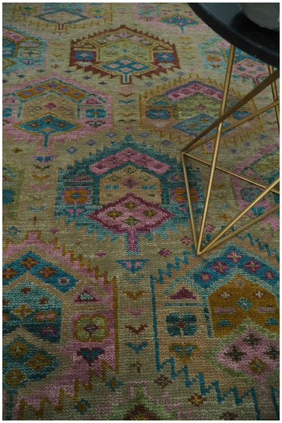 Olive, Teal, Brown and Pink Traditional Ikat Design Hand knotted 8x10 wool Area Rug - The Rug Decor