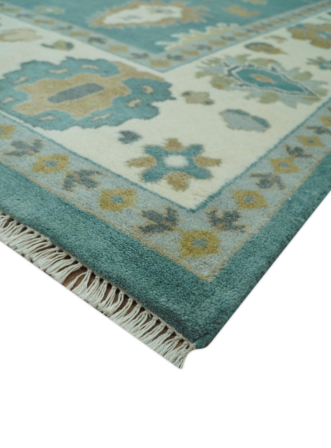 Ollie Custom Made Teal, Ivory and Olive Hand Knotted Oushak Wool Rug - The Rug Decor
