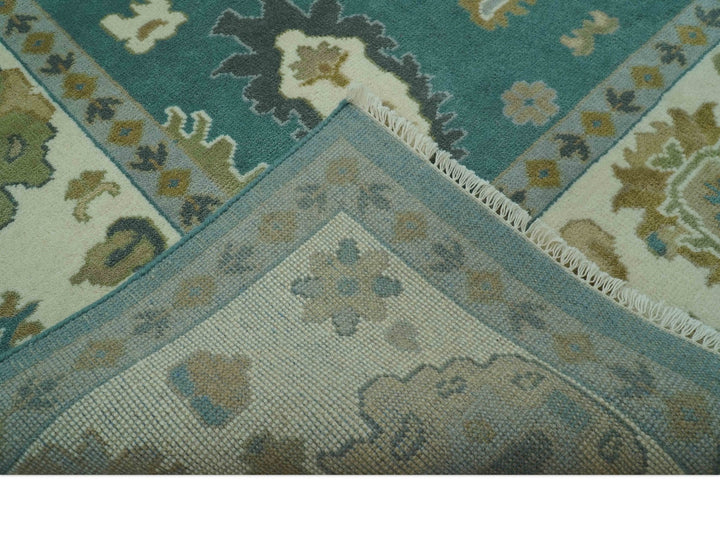 Ollie Custom Made Teal, Ivory and Olive Hand Knotted Oushak Wool Rug - The Rug Decor