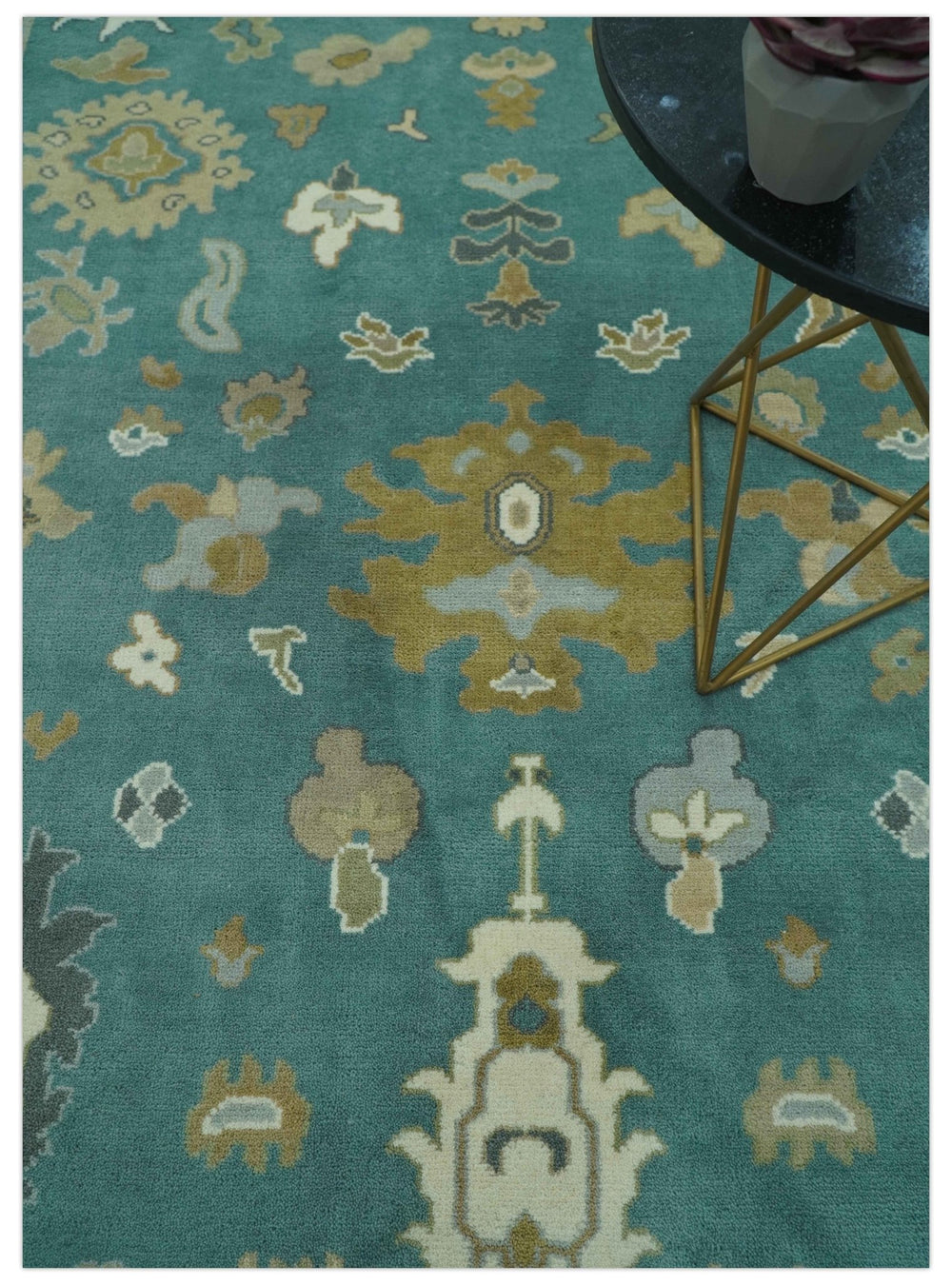 Ollie Custom Made Teal, Ivory and Olive Hand Knotted Oushak Wool Rug - The Rug Decor