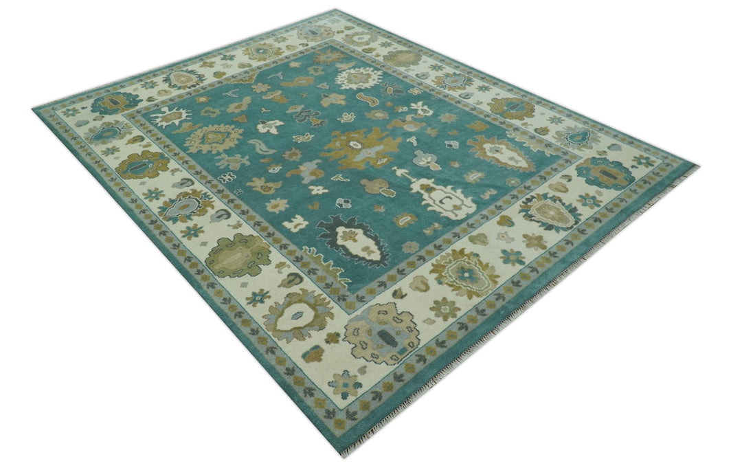 Ollie Custom Made Teal, Ivory and Olive Hand Knotted Oushak Wool Rug - The Rug Decor