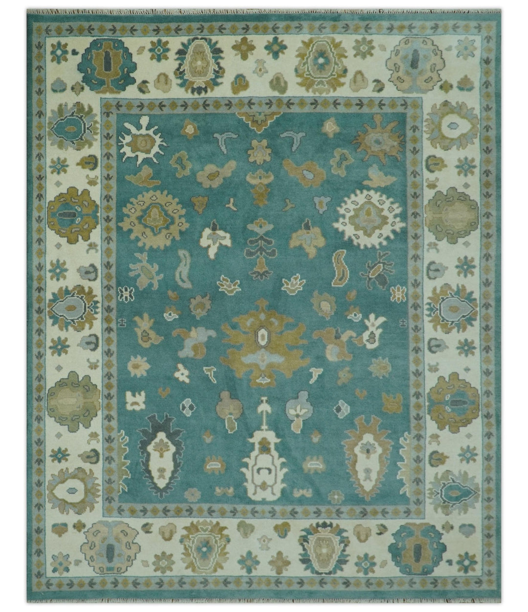 Ollie Custom Made Teal, Ivory and Olive Hand Knotted Oushak Wool Rug - The Rug Decor