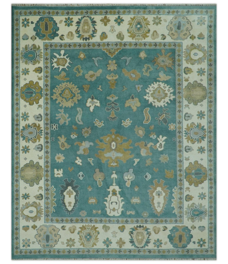 Ollie Custom Made Teal, Ivory and Olive Hand Knotted Oushak Wool Rug - The Rug Decor