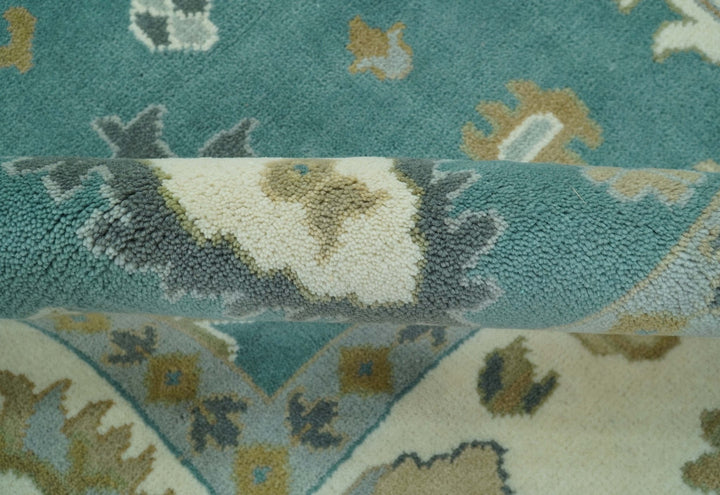 Ollie Custom Made Teal, Ivory and Olive Hand Knotted Oushak Wool Rug - The Rug Decor