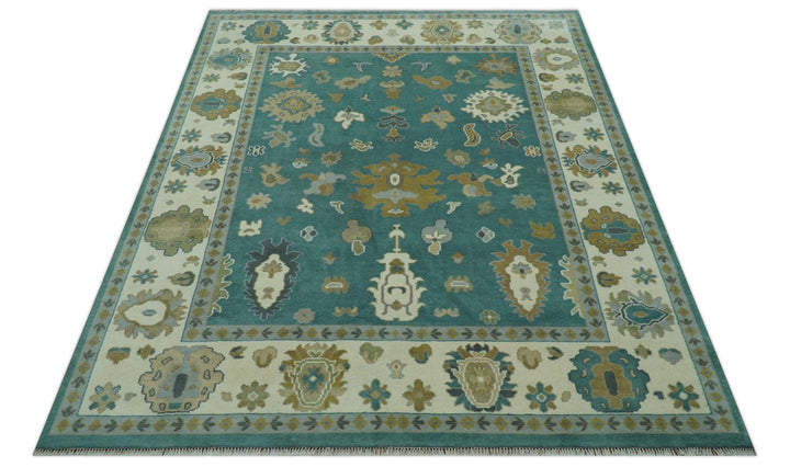 Ollie Custom Made Teal, Ivory and Olive Hand Knotted Oushak Wool Rug - The Rug Decor