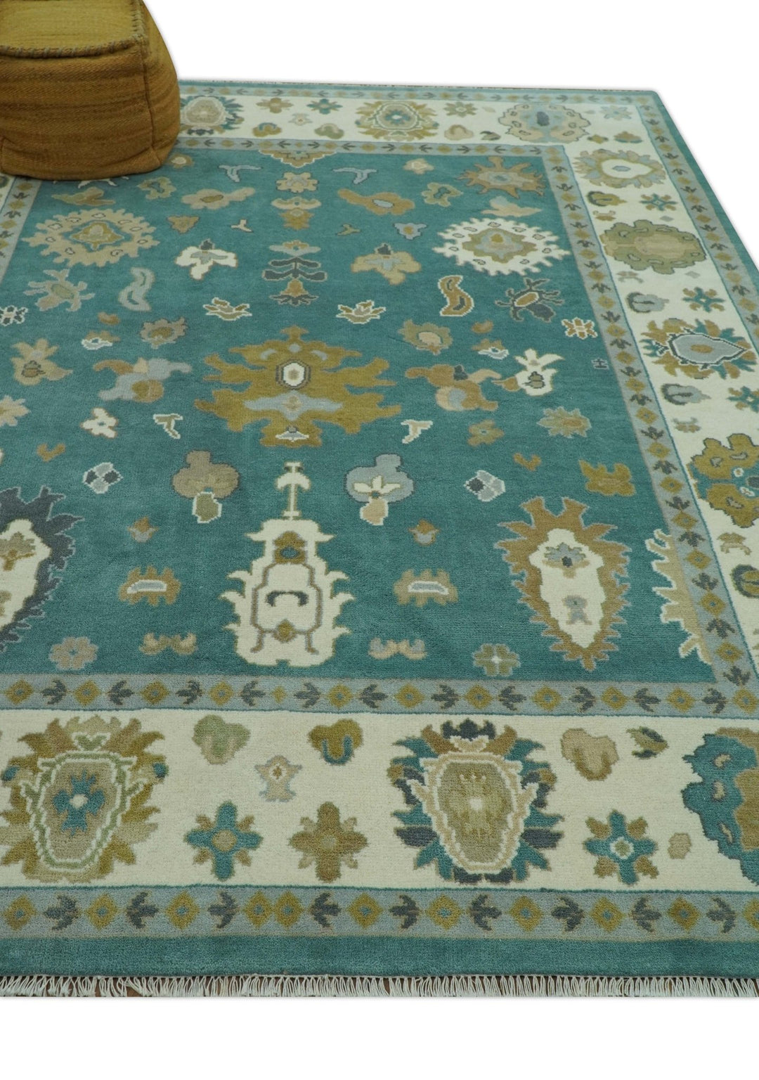 Ollie Custom Made Teal, Ivory and Olive Hand Knotted Oushak Wool Rug - The Rug Decor