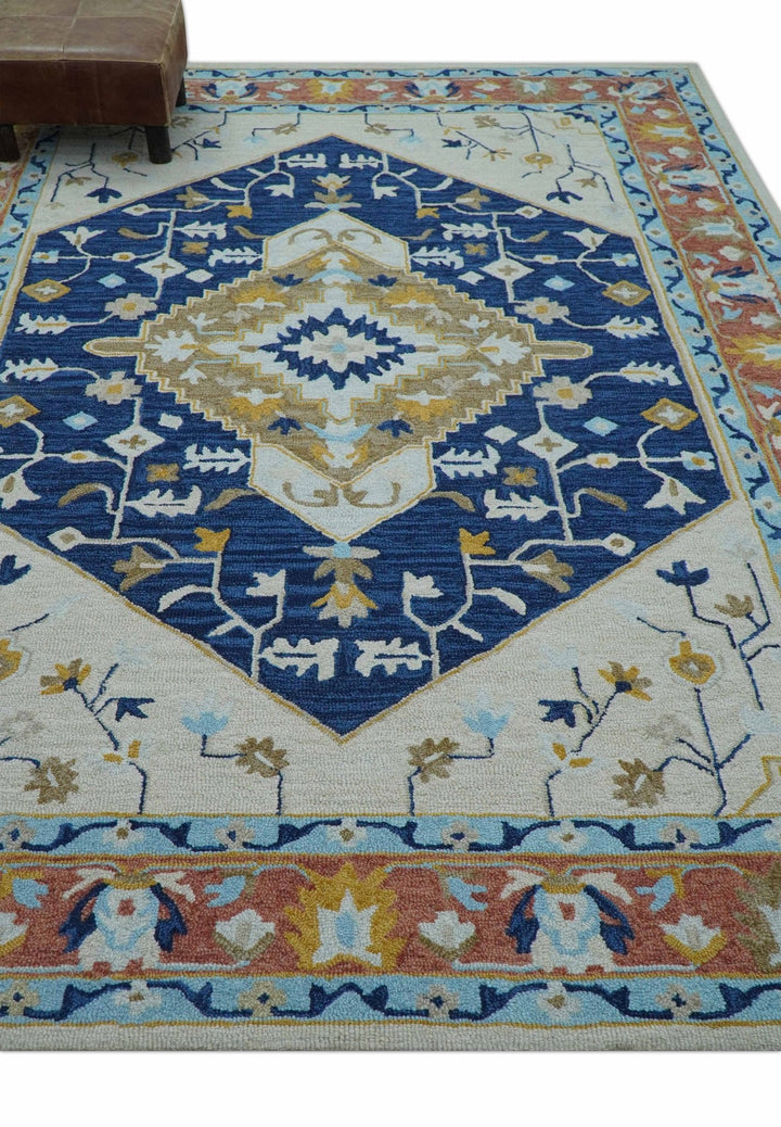 Ollie Traditional Blue And Ivory Hand Tufted Wool Rug - The Rug Decor