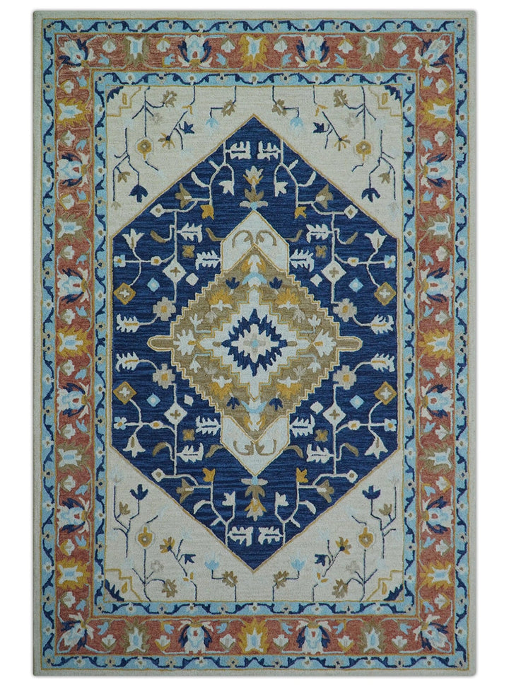 Ollie Traditional Blue And Ivory Hand Tufted Wool Rug - The Rug Decor