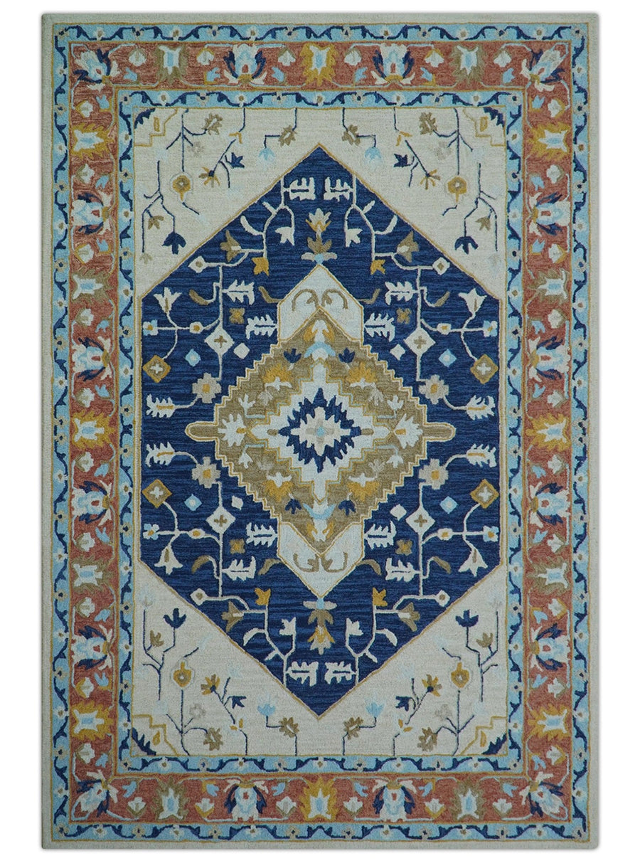 Ollie Traditional Blue And Ivory Hand Tufted Wool Rug - The Rug Decor