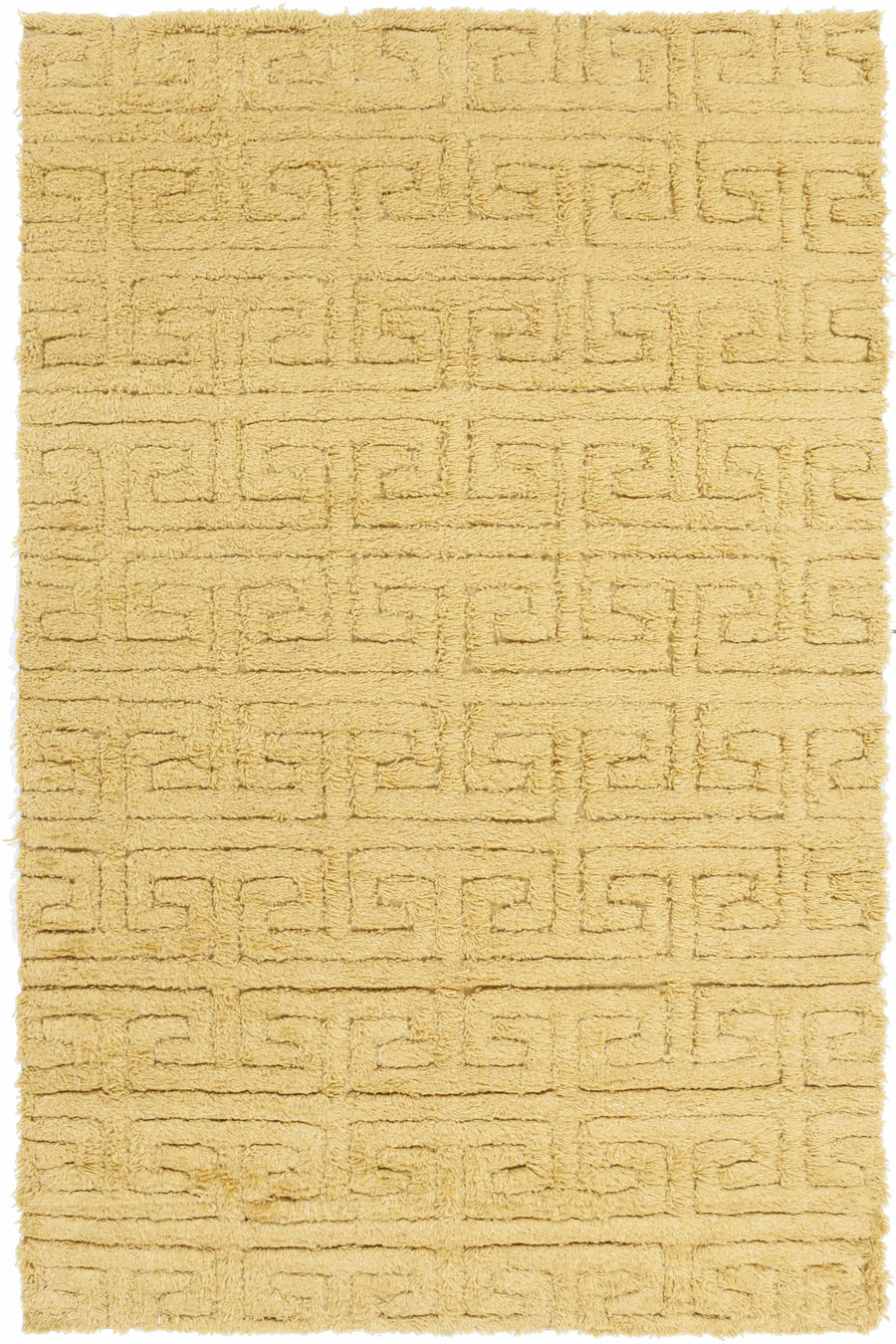 Mustard hand-woven wool area rug with raised geometric pattern, flat weave.