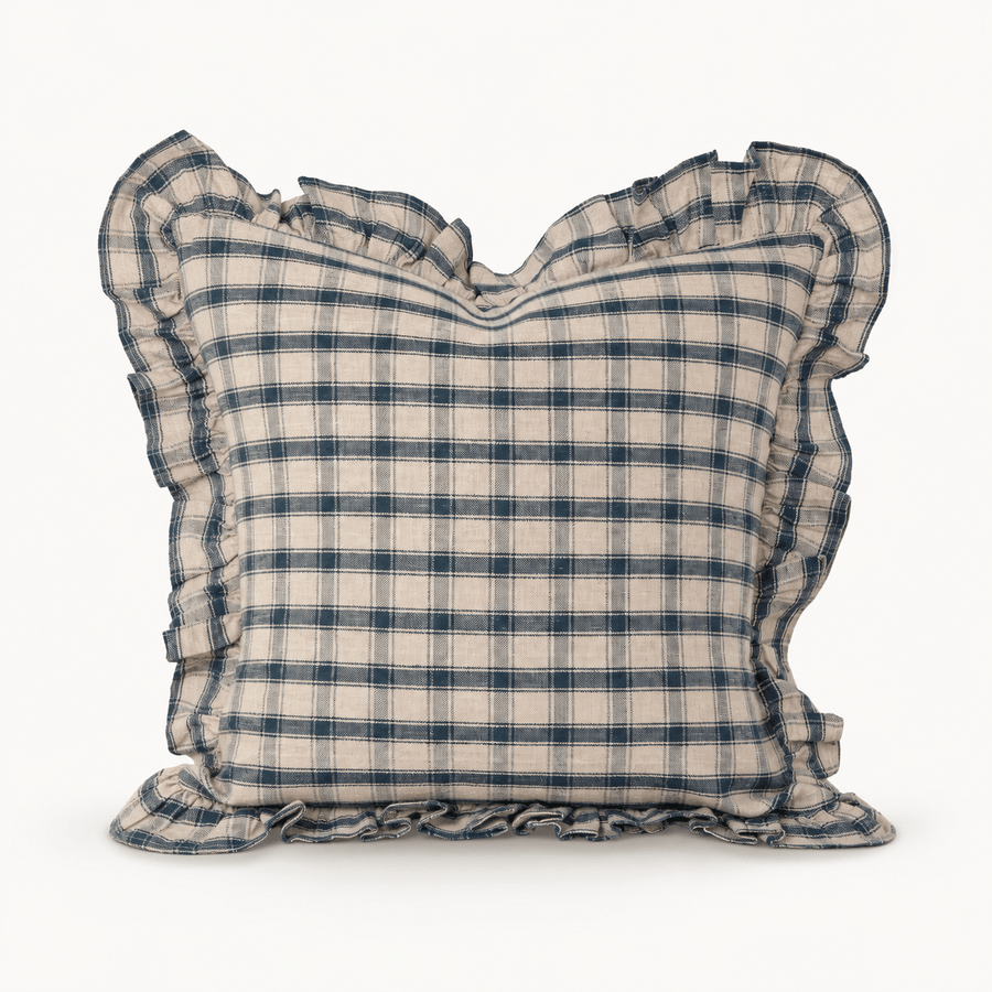 Opal Blue Linen Plaid Ruffle Pillow Cover - The Rug Decor