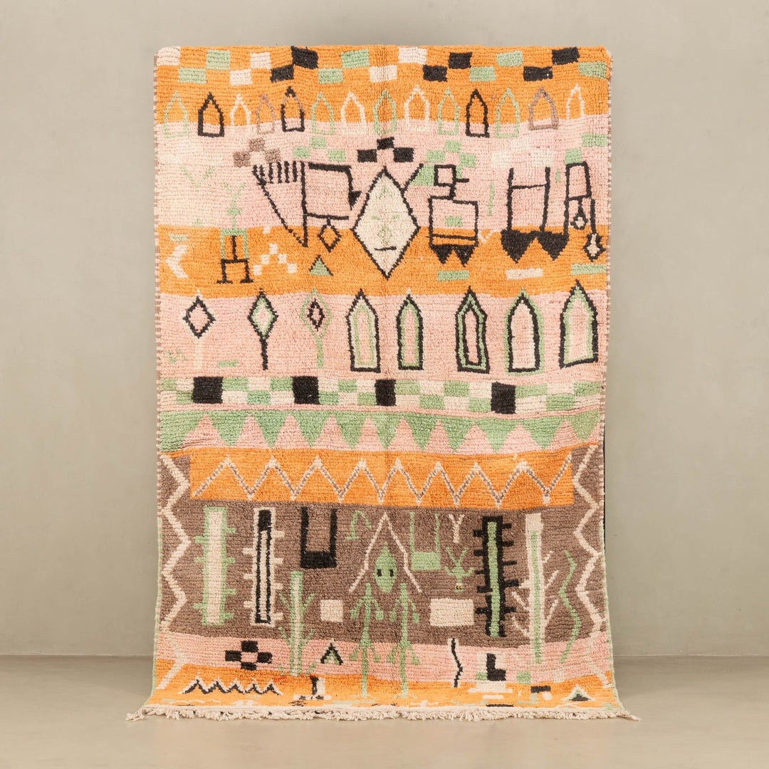 Orange And Peach Hand Knotted Contemporary Moroccan 5.6x8.9 Wool Rug - The Rug Decor