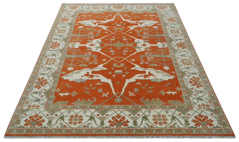 Orange, Ivory and Olive Hand knotted Oriental Oushak Multi Size wool Area Rug - The Rug Decor